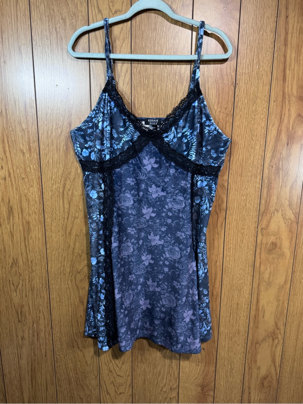Cosmic Aura Blue/ Purple Velvet Pannelled Lace Mini‎ Dress NWT Size 3X Spaghetti